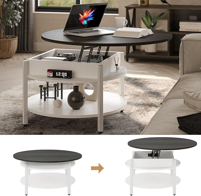 FABATO Round Lift Top Coffee Table with Storage and Hidden Compartment, 26.77'' Farmhouse Coffee Table for Living Room Reception Room, 2 Tier Small Round Coffee Table Circle Dining Table, White