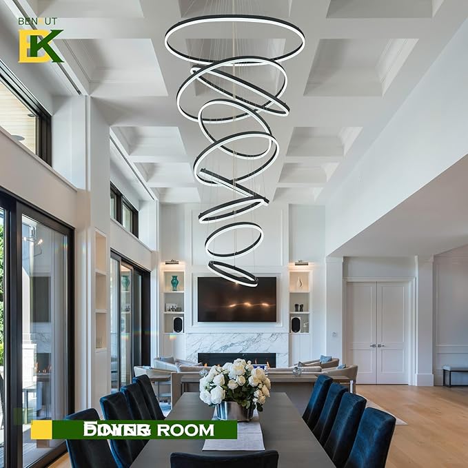 9 Rings Modern LED Chandelier Black Dimmable Large Foyer Chandeliers Entryway High Ceiling for Staircase, High Ceiling Pendant Lights for Entryway Living Room, 3000K-6500K CCT