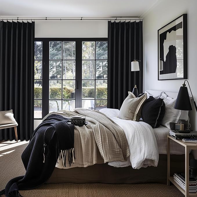 Black Out Kitchen Curtains 45 Inch Length 2 Panels Set, Mini Textured Linen Pinch Pleated Thick Drapes Room Darkening Insulated Black Small Window Curtain with Hooks Rings Back Tab 40"Wx45"L Blackout