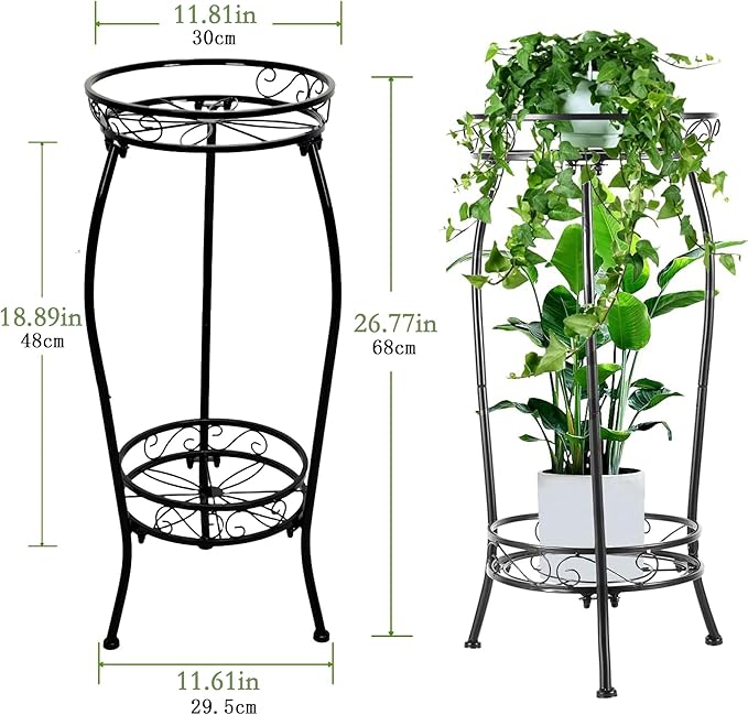 Plant Stand Indoor Outdoor 2 Tier 26.77" Tall Metal Potted Holder Rack Flower Pot Stand Heavy Duty Plant Shelf Rustproof Iron Multiple Plant Round Supports Rack Garden Balcony Patio Plants