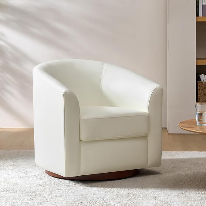 HULALA HOME Faux Leather Swivel Accent Chair with Solid Wood Base, Round Swivel Barrel Chair for Living Room and Bedroom, White