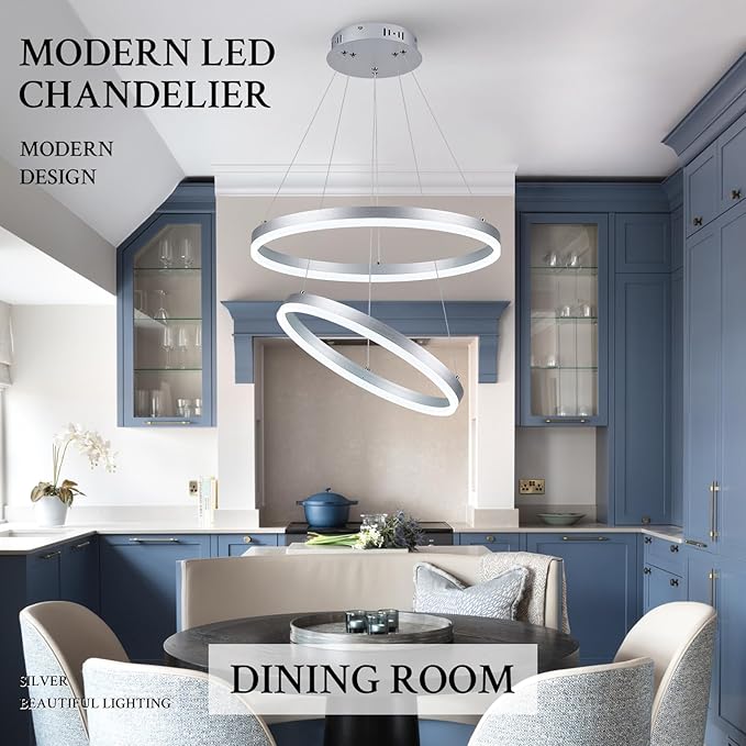 Modern LED Chandelier Silver 2-Rings Pendant Light Circular Flush Mount Ceiling Chandelier Lighting with Remote Control for Bedroom Living Room Dining Room Entrance, 3000K-6500K