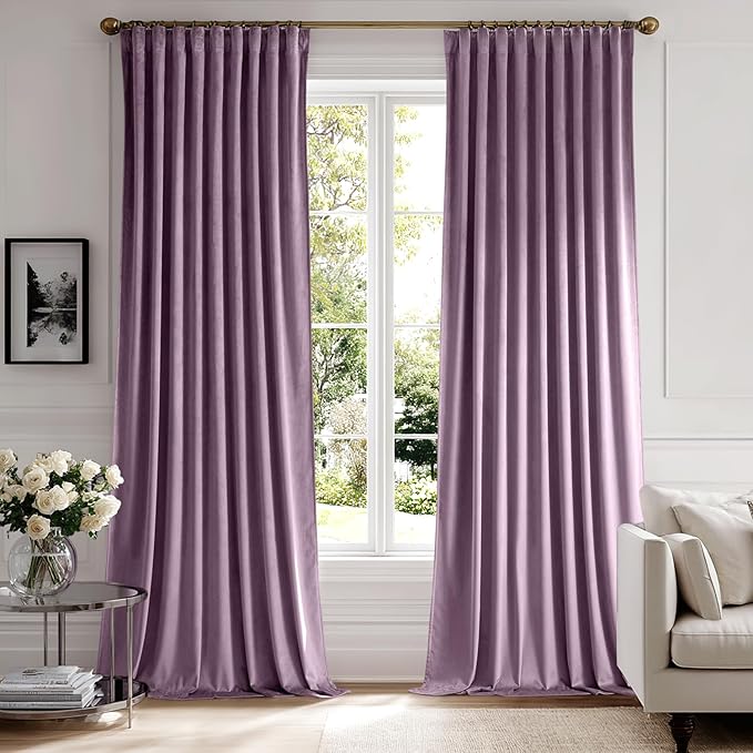MIULEE Lavender Velvet Curtains 90 inches 2 Panels - Luxury Room Darkening Window Drapes for Bedroom Living Room Thermal Insulated Super Soft Blackout, Back Tab Rod Pocket Pinch Pleated, Purple