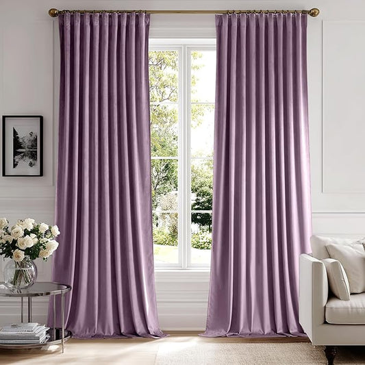 MIULEE Lavender Velvet Curtains 90 inches 2 Panels - Luxury Room Darkening Window Drapes for Bedroom Living Room Thermal Insulated Super Soft Blackout, Back Tab Rod Pocket Pinch Pleated, Purple