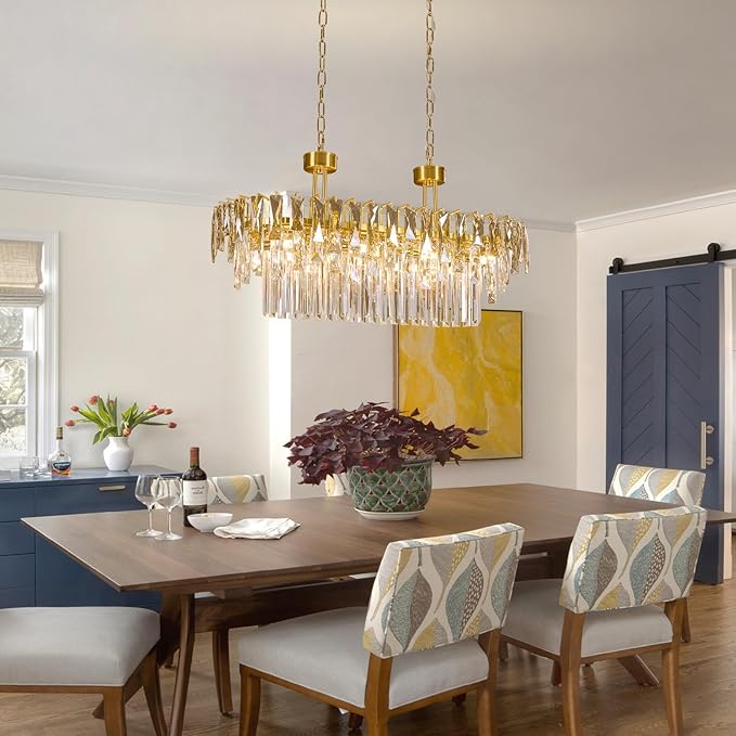 Rectangular Crystal Chandelier for Dining Room - L31.5'' Modern Gold Long Linear Chandelie,Luxury 3 Tier Raindrop K9 Crystals Oval Chandeliers for Living Room,Pendant Ceiling Light for Kitchen Island