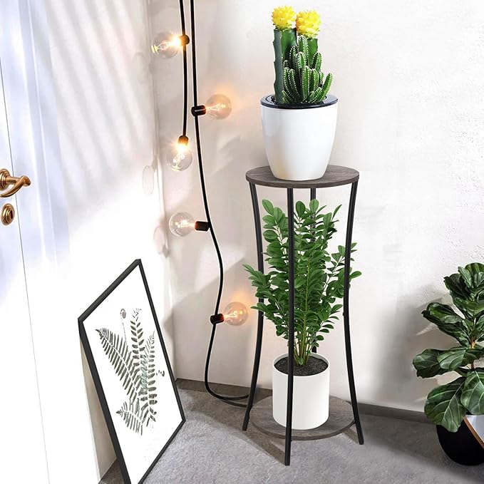 YINMIT Plant Stand Indoor,2 Tier Round Potted Holder Rack,Flower Pot Stand Shelf,Round Supports Rack,Corner Plant Shelf for Balcony Garden Patio Living Room,Grey