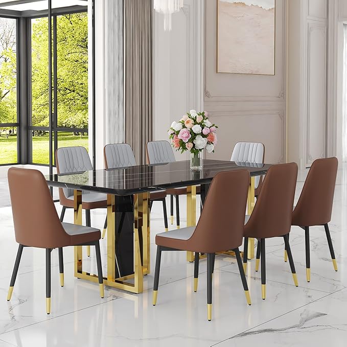 TesNus 79" Black Dining Table Set for 8 with Chairs,Large Faux Marble Kitchen Table and Chairs Set Rectangular 9 Piece Dining Room Set with Gold Metal Legs,Easy Assemble,Stable Base