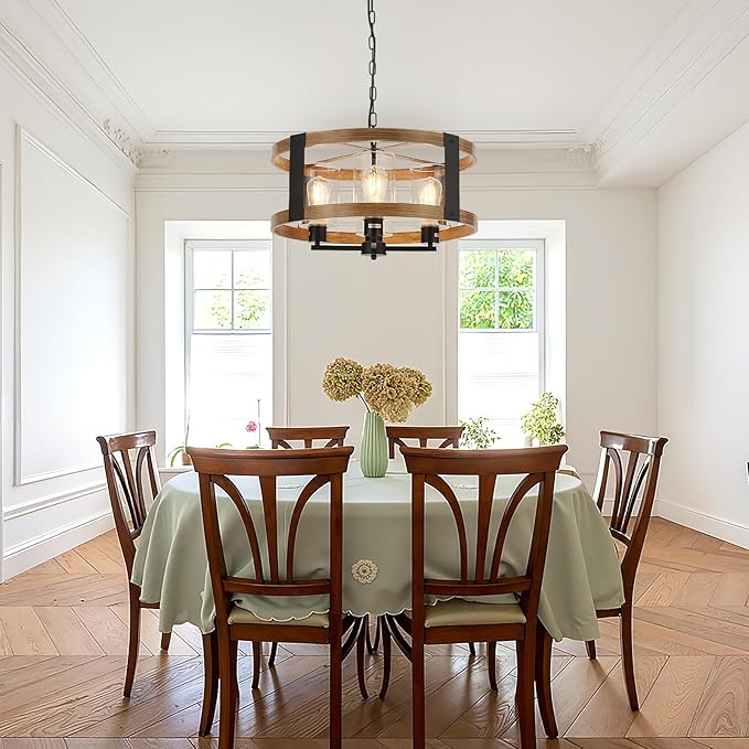 Farmhouse Chandelier, 20" Rustic Light Fixture with Glass Shade 4-Light Drum Lighting Fixtures Retro Pendant Lamp for Dining Room Foyer Living Room Entrance Kitchen Island Bedroom