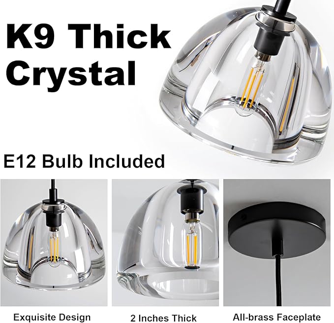 Black Crystal Hemisphere Pendant Light, Kitchen Pendant Lighting Over Island, Farmhouse Pendant Light for Indoor Kitchen Island Dining Room Living Room Bedroom Bathroom, E12 Bulb Included