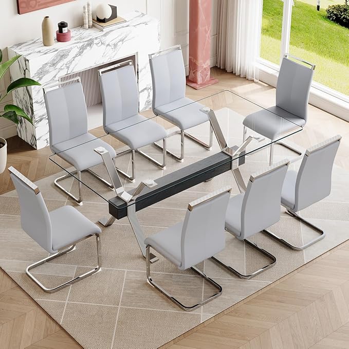 9 Piece Glass Dining Table Set, Kitchen Table Chairs Set for 8, 71'' Dining Table with 0.4" Tempered Glass Tabletop with Plated Metal Legs and MDF Crossbar, 8 PU Chairs for Dining Room, Kitchen.