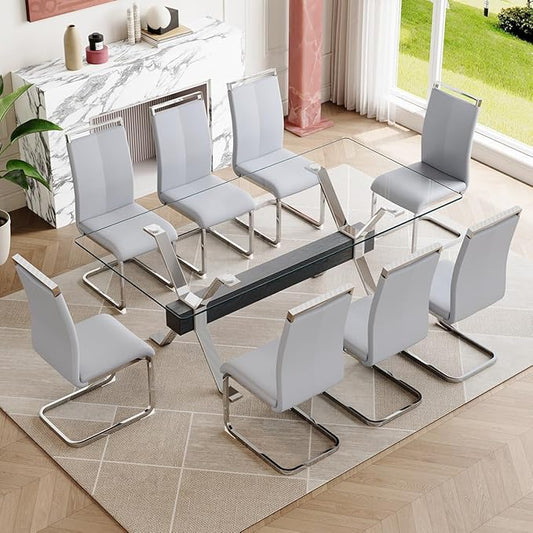 9 Piece Glass Dining Table Set, Kitchen Table Chairs Set for 8, 71'' Dining Table with 0.4" Tempered Glass Tabletop with Plated Metal Legs and MDF Crossbar, 8 PU Chairs for Dining Room, Kitchen.