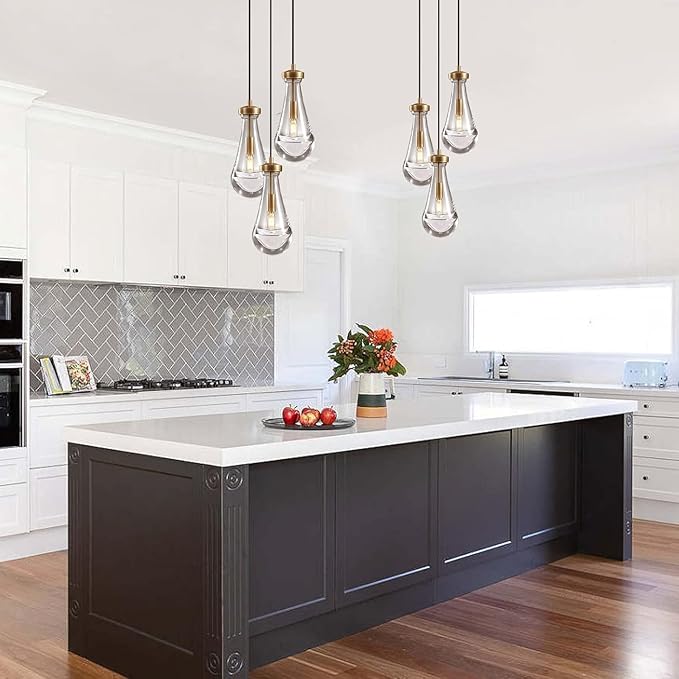 Brass 3 Light Pendant Lighting for Kitchen Island, Raindrop Cluster Pendant Light Fixture, Adjustable Hanging Rope Glass Chandelier Dining Room Light Fixture Ceiling Lamp for Foyer Hallway