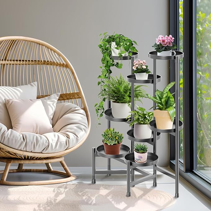 5 Tier Plant Stand Indoor Tall, Adjustable Black Plant Shelf for Multiple 8 Potted Flower Plants Holders, Corner Metal Flower Display Rack for Patio Garden Balcony Living Room Office (A)