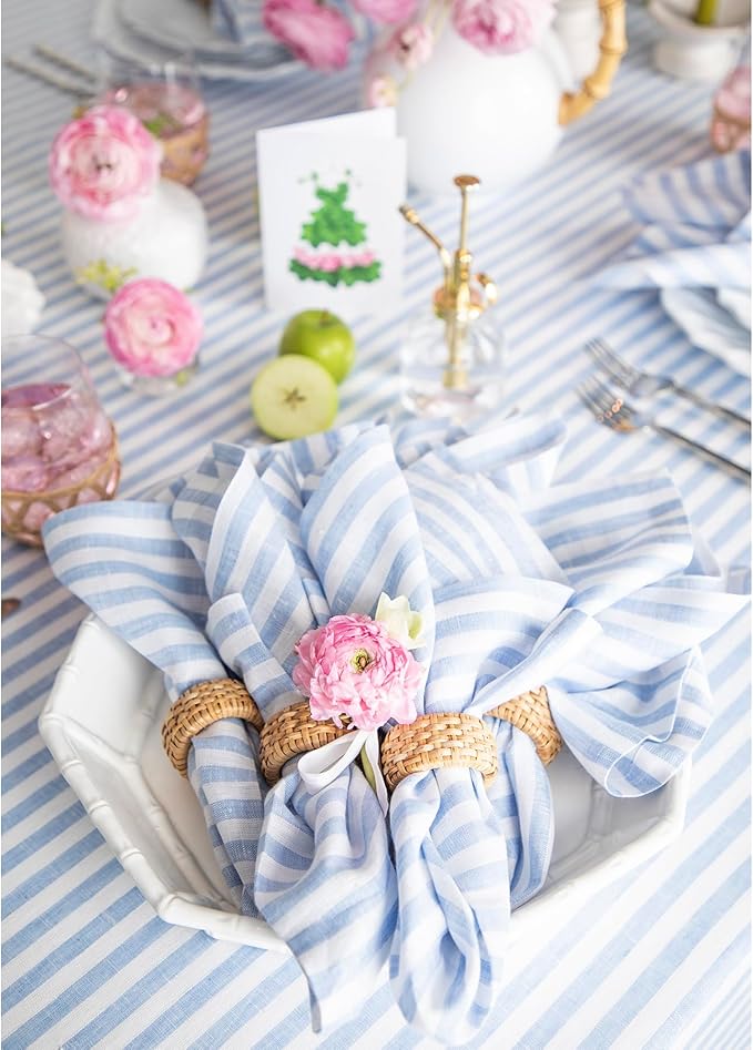 Solino Home Linen Napkins Set of 4-100% Pure Linen Amalfi Stripe Sky Blue and White Cloth Dinner Napkins 20 x 20 Inch - Handcrafted and Machine Washable - Christmas, Holiday