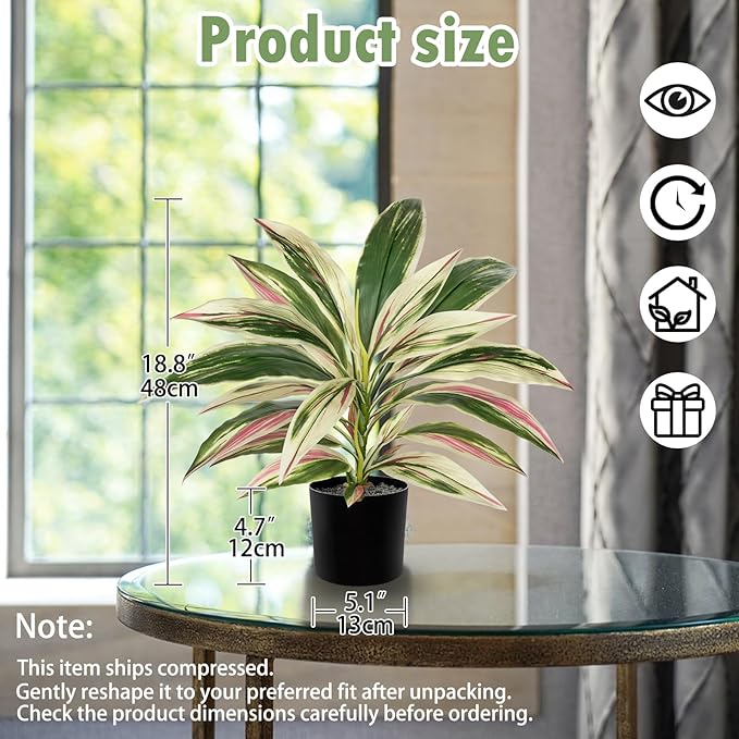 Artificial Plants Indoor with Pot, 18" Fake Potted Plants Medium Artificial Dracaena Plant in Black Pot Faux Tropical Plants for Bathroom Living Room Office Desk Shelf Decor