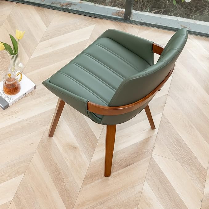 Mid Century Modern Faux Leather Upholstered Dining Chairs,Armless Accent Chairs with Sturdy Natural Wood Legs,Bamboo Backrest Support for Kitchen&Dining Room Chairs(1PCS,Green)