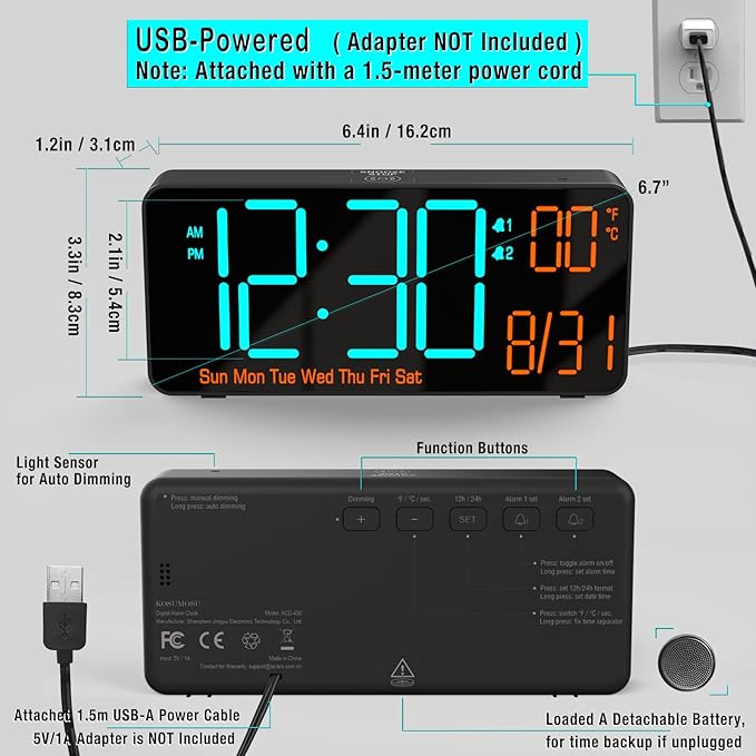 KOSUMOSU Digital Clock for Bedroom 6.7in Alarm Clocks for Living Room, Auto Dimming,Date,Week,Seconds,Indoor Temperature, Small Digital Alarm Clock for Classroom,LED Alarm Clocks for Bedrooms