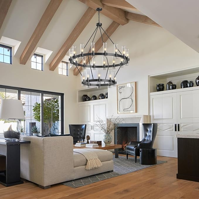 48" Black Chandelier, 2 Tier Wagon Wheel Chandelier with Glass Shade, 24-Lights Large Round Modern Farmhouse High Ceilings Pendant Lighting Fixture for Dining Room, Living Room, Kitchen, Foyer