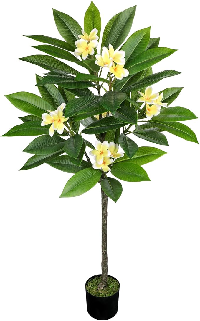 Briful Artificial Plants Indoor 4.17ft Fake Tropical Plumeria Flowers Tree in Black Pot Hawaiian Yellow Plumeria Faux Frangipani Tree Potted Floor Plant for Home Office Wedding Decor