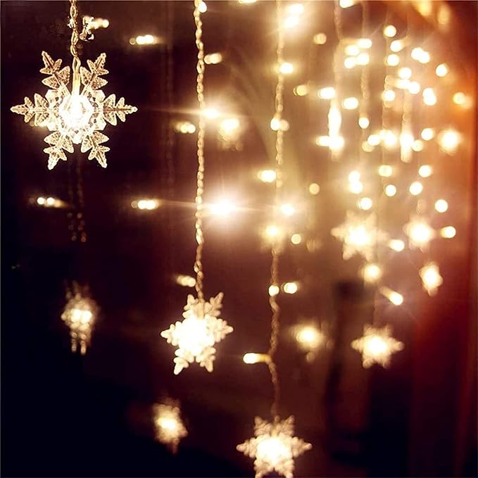 String Lights LED Curtain Light, 96 LED Fairy Hanging String Lights Waterproof Christmas Snowflake Lights with Wireless Control for Outside Indoor Bedroom Party Fence Patio - Warm White