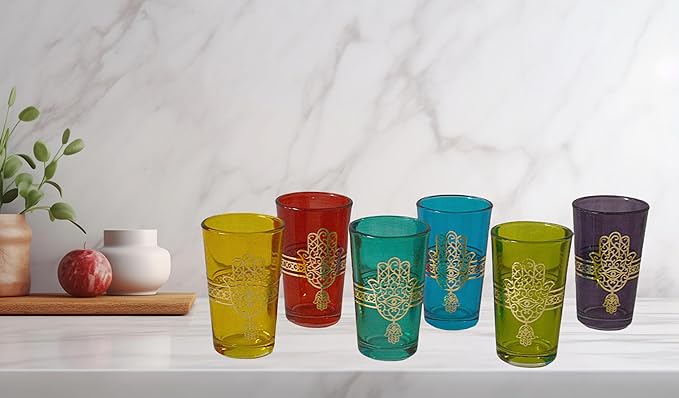 Tea Serving & Glasses Moroccan Set of 6 Tea Glasses Exquisite and Royal Khmissa Colorful