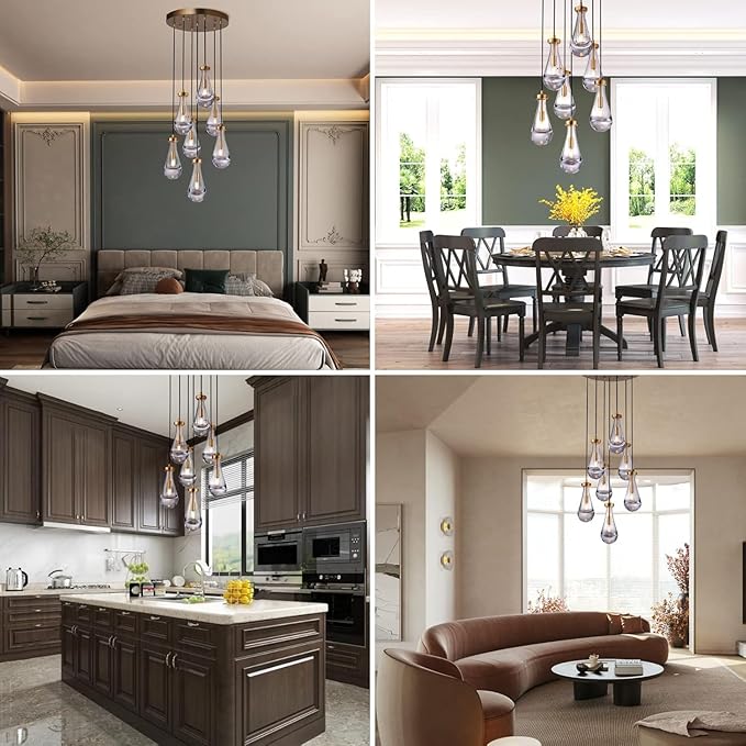 7 Light Raindrop Chandeliers, Brass Teardrop Cluster Pendant Lights Kitchen Island, Gold Dining Room Chandeliers Over Table Hanging Pendant Lighting for High Ceiling, Entryway Staircase