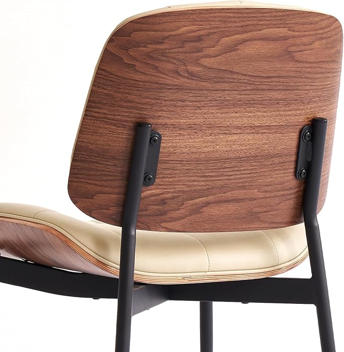 Mid Century Modern Dining Chairs with Walnut Grain Back, Beige Faux Leather Dining Room Chairs Set of 4, Checkered Soft Cushion Kitchen Chairs with Adjustable Foot Pads