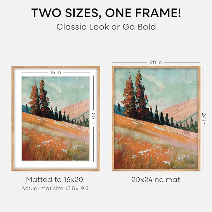 Homeforia 20x24 Picture Frame Wood, High End Natural Oak 20x24 Frame Matted to 16x20 Photo, 20 x 24 Light Wooden Poster Frames with Mat 16 by 20, 24by20 Thin Frames, Tempered Glass, Wall Kit, Set of 1