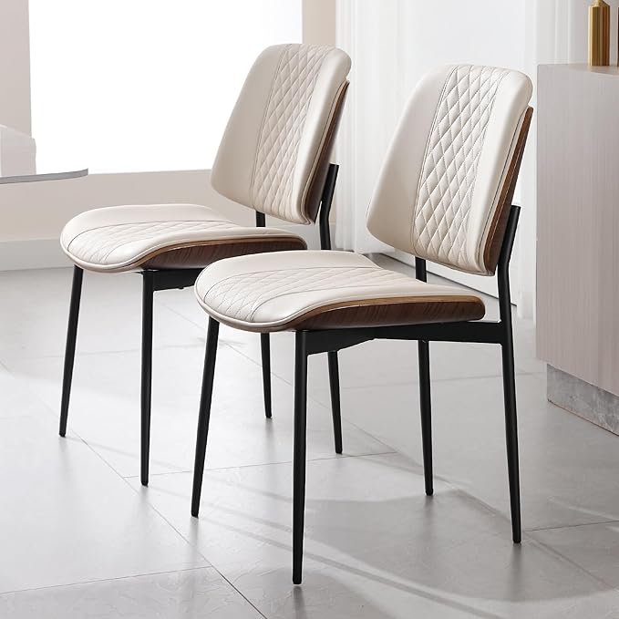 BV Dining Chairs Set of 2, PU Leather Armless Kitchen Chair in Modern Walnut Style, Mid Century Bentwood Side Chair with Metal Legs, Retro Accent Guest Chair for Kitchen Dining Room(Beige)