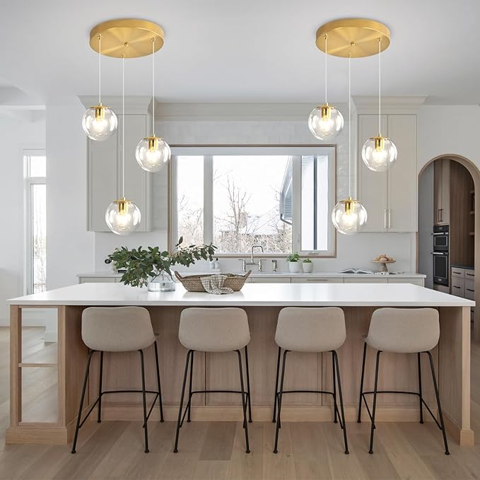 Globe Glass Pendant Light Modern Gold Clear Globe Glass Chandelier Mid Century Chandelier 3-Light Hanging Fixture for Kitchen Island Foyer Hallway Dining Room