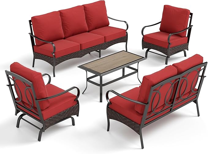 PHI VILLA Outdoor Modern Patio Furniture Set, Upgraded Wicker&Metal Patio Furniture Conversation Set with Waterproof Thick Cushions for Porch, Poolside, Deck, and Yard (5 Pieces,Red)