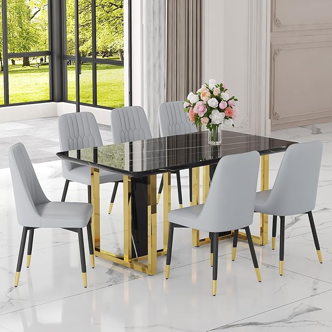 TesNus 63" Black Dining Table Set for 6 with Chairs,Modern Faux Marble Rectangular Kitchen Table and Chairs Set Luxury 7 Piece Dining Room Set with Gold Metal Legs,Easy Assemble,Stable Base