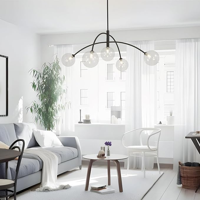 Mid Century Modern Sputnik Chandelier Adjustable 5 Light Pendant Light Fixture Clear Glass Black Ceiling Chandelier for Dining Room Kitchen Bedroom