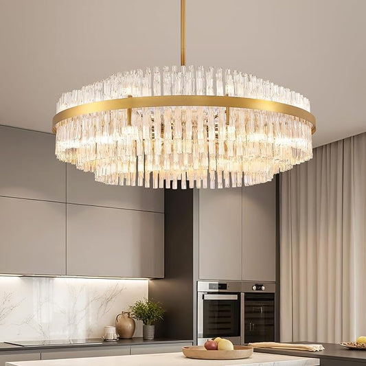 Siljoy Modern Crystal Chandelier, 39.4'' Luxury Gold Round 3-Tiers Raindrop Chandelier, Large Farmhouse Crystal Pendant Ceiling Light Fixture for Dining Living Room Kitchen Island Foyer, G9 x 24