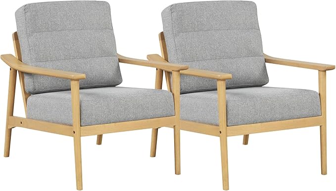 Giantex Mid Century Modern Accent Chair Set of 2, Max Load 440 LBS Upholstered Living Room Chair w/Rubber Wood Armrests & Legs, Removable Back Cushion, Comfy Reading Arm Chair for Bedroom