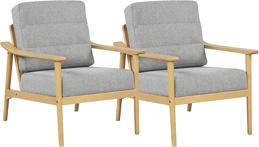 Giantex Mid Century Modern Accent Chair Set of 2, Max Load 440 LBS Upholstered Living Room Chair w/Rubber Wood Armrests & Legs, Removable Back Cushion, Comfy Reading Arm Chair for Bedroom
