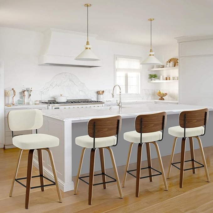 Swivel Counter Height Bar Stools Set of 4, 26" Upholstered Faux Leather Barstools with Back and Bent Wood Legs, Mid Century Modern Bar Chair Island Stool for Kitchen Counter, Cream White