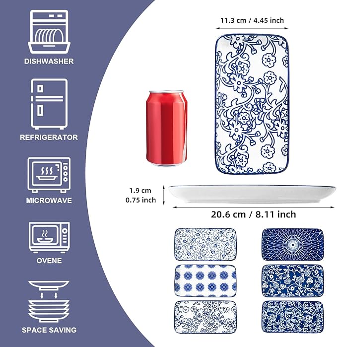 Rectangle Serving Platter Set - 8 Inch Ceramic Dinner Plates Rectangular Serving Trays for Sushi Salad Dessert Pasta Appetizer - Oven Microwave Dishwasher Safe - Set of 6 - Vintage Blue