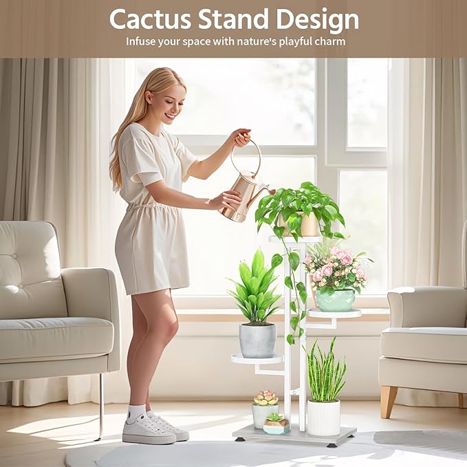 LASZOLA White 3 Tiered Plant Stand Indoors Heavy Duty Metal Rack, Sturdy Multi Level Shleving Hold Flowers, Larger House Decorate Ladder for Planting Inside Tree Herb Cactus, Wooden Base, Space Saving