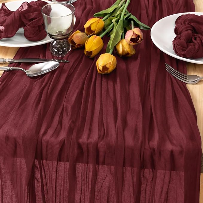 MLMC 3 Pack Burgundy Red Table Runner 10ft Rustic Gauze Wine Red Cheese Cloth Table Runner 35x120 Inches Cheesecloth Centerpiece for Wedding Bridal Shower Anniversary Events Fall Halloween Decor