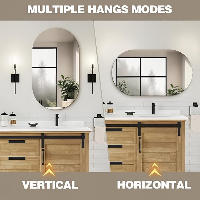 40" x 24" Frameless Mirror Wall Mirror, Modern Oval Bathroom Mirror with Polished Edge, Hang Horizontally or Vertically, for Bedroom Bathroom Livingroom Gym Entryway and More