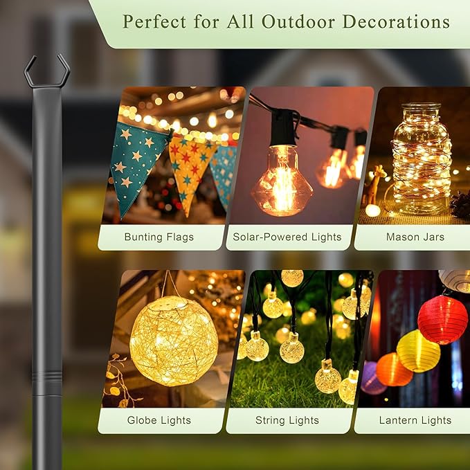 String Light Poles for Outside, 10ft Adjustable Metal Poles for Outdoor String Lights Hanging Light, Outdoor Light Poles with Fork, for Patio, Deck, Backyard, Garden (6 Pack)