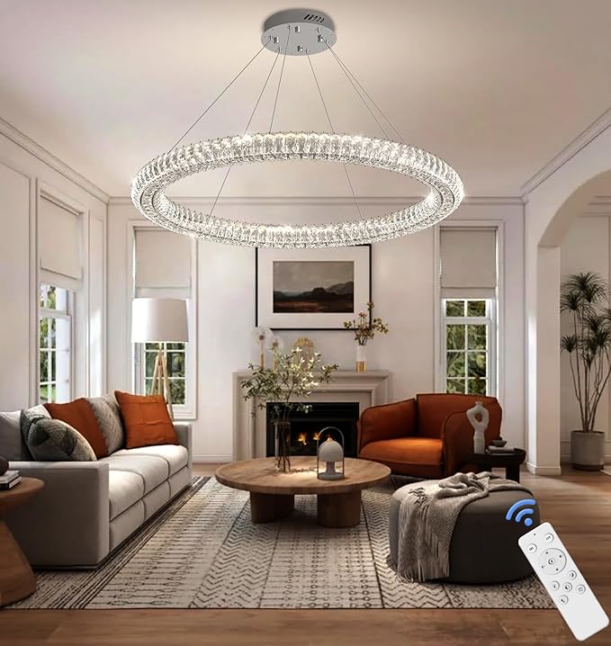 Modern Large 47.5" Ring Crystal Chandelier Dimmable LED Ring Pendant Light Adjustable Chrome Round Crystal Chandelier for Dining Room Living Room