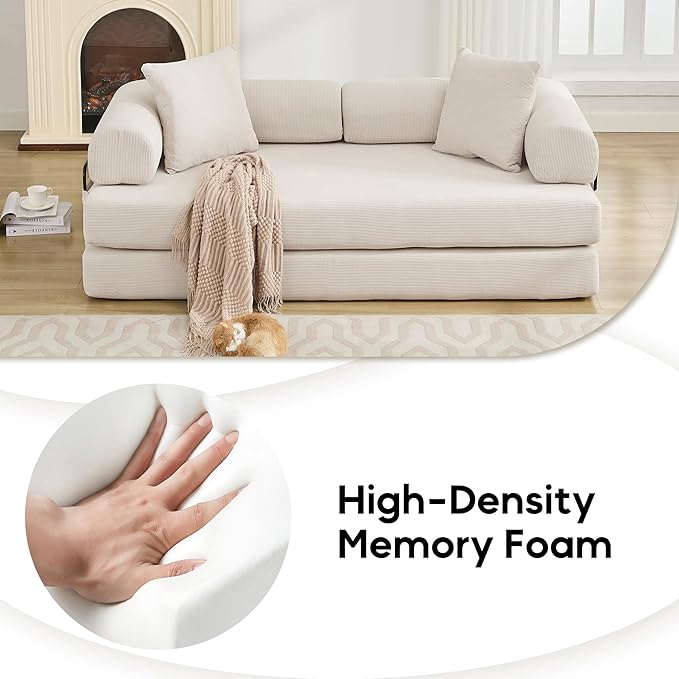 Convertible Sleeper Sofa Bed with Cylindrical Pillow, Corduroy Folding Mattress Couch with Fixed-Shape Frame, Floor Sofa Lounge Couch for Living Room Bedroom Lounge Studio, Beige