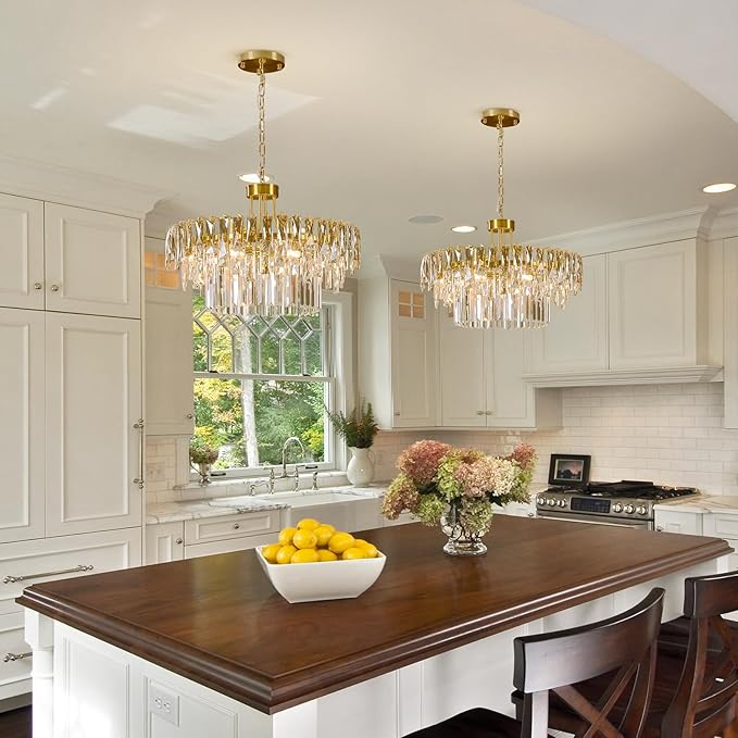 Modern Gold Round Crystal Chandelier - 23.6'' Luxury K9 Crystals Chandeliers for Dining room,3 Tier Raindrop Chandelier for Living room,Contemporary Light Fixture for Bedroom Foyer Entryway Kitchen