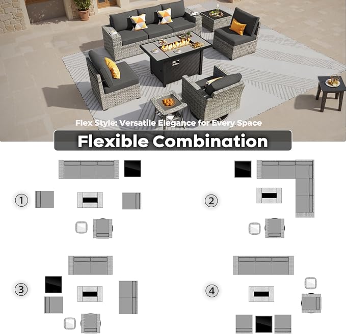 ovios 9 Pieces Patio Furniture Set, Outdoor Wicker Sectional Sofa with 42" Firepit Table Swivel Chair, Modern Modular Deep Seat Rattan Couch Conversation Sets, Black