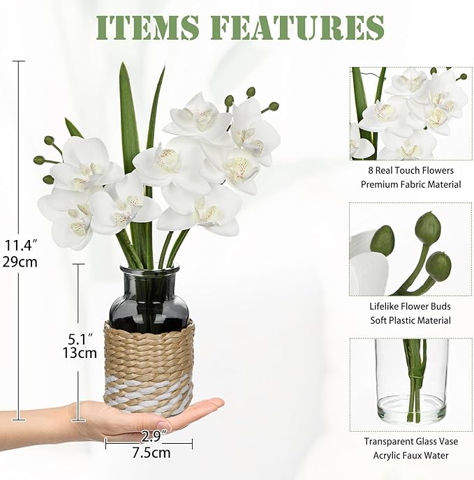 White Orchids Artificial Flowers with Vase, Small Faux Orchid Arrangement Fake Flower in Woven Glass Vase Black and White Decor Small White Centerpieces for Kitchen Dining Room Tables Bathroom Decor