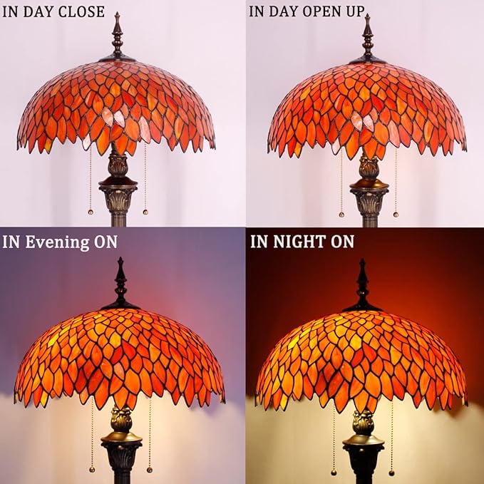 WERFACTORY Tiffany Floor Lamp Red Orange Wisteria Stained Glass Standing Reading Light 16X16X64 Inches Antique Style Pole Corner Lamp Decor Bedroom Living Room Home Office S523R Series