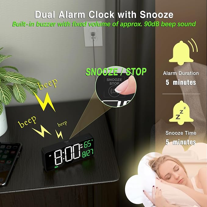 KOSUMOSU Digital Alarm Clocks for Bedrooms,6.7in Black Small Digital Clock for Bedroom, Auto Dimming,Date,Week,Seconds or Indoor Temperature,Desk Clocks for Living Room,LED Alarm Clock Calendar