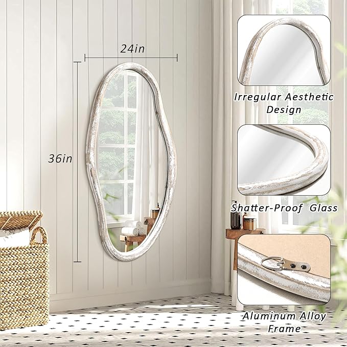 JJUUYOU Asymmetrical Mirror Modern Irregular 36"x24" Wall Mounted Mirror with Wooden Frame for Bathroom Bedroom Living Room Hallway Large Mirrors White